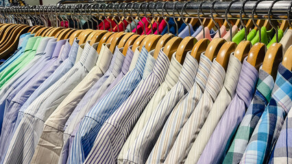 A variety of high-quality mens striped and checkered shirts hanging on wooden hangers in a store