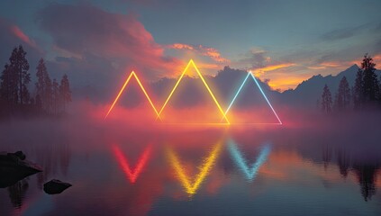 Three neon triangles over misty water, reflecting colors from sunset sky above