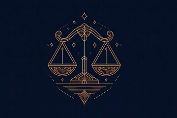 A stylized golden scale balance, centered on a dark blue background with geometric accents
