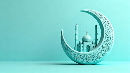 Serene, light turquoise 3d illustration of an ornate crescent moon framing a mosque against a solid background.
