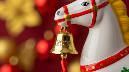 A white toy horse with a bell marked 2026, symbolizing good luck for the new year.