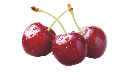 Three cherries glisten with fresh water droplets close up of vibrant cherries adorned with clear moisture