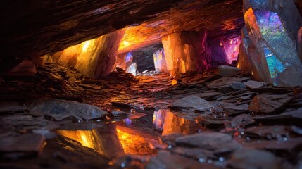 Enchanting underground cave with large, colorful illuminated crystal formations and reflective puddles