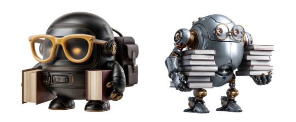 Glossy librarian robots with books, showcasing futuristic design and playful character, evoke curiosity and imagination