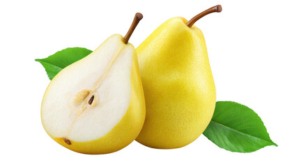 Two vibrant pears with fresh green leaves on dark background ripe green pears and leafy stems artfully arranged on black