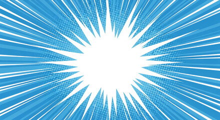 Blue radial lines and halftone dots create a burst effect, central white space ideal for text or logo placement, showcasing a dynamic and energetic design for various applications