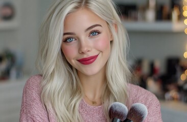 a beautiful woman with long blonde hair, big blue eyes, and red lipstick smiles at the camera while holding makeup brushes in her hand.