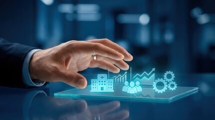 Future Healthcare: Man's Hand Hovering Over Holographic Healthcare Icons on Tablet