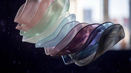 Abstract colorful glass sheets floating in mid-air against a dark background with a blurred window in the distance