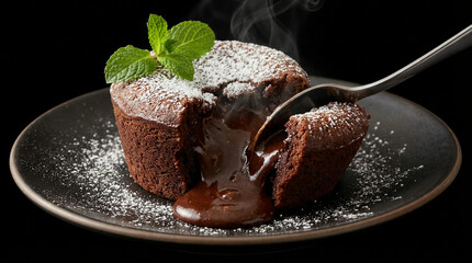 Decadent chocolate lava cake with molten center being scooped out with a spoon