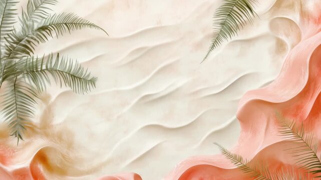 Flowing texture with fern leaves on artful beige and coral background