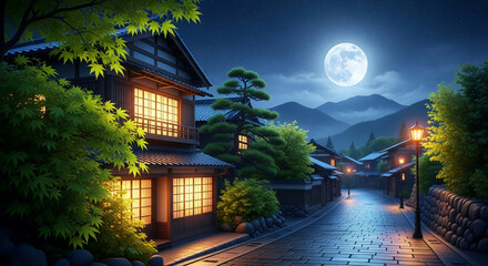 Night scene of illuminated Japanese houses, moonlit street, and mountains, creating a peaceful and serene atmosphere, showcasing traditional architecture and natural beauty