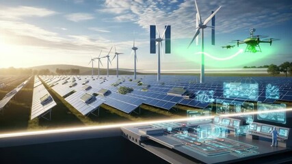 Renewable energy infrastructure technology drone monitoring solar panels wind turbines - Powered by Adobe