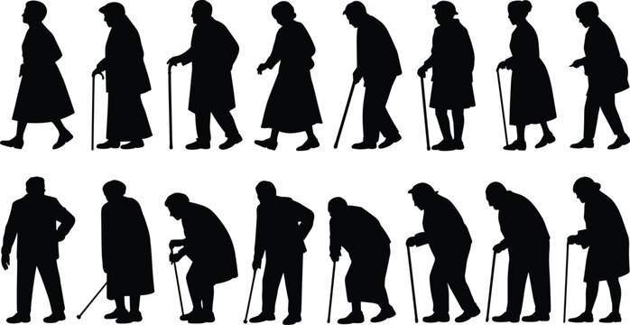 Elderly People Silhouettes Collection Showing Senior Men and Women Walking With Canes and Stooped Poses Isolated on White Background