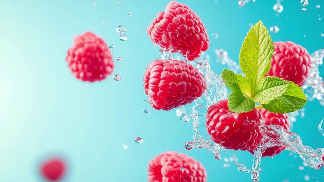 Vibrant raspberries with mint splashing in water against blue background