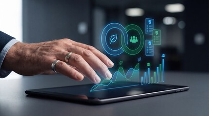 Sustainable Business: Hand Touching Digital Icons for Growth and Ecology