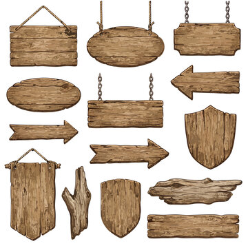 Collection of rustic wooden signs and boards.