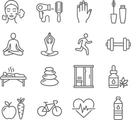 Fototapeta premium Set of 20 black line icons for wellness, fitness, and self-care including skincare, yoga, nutrition, and relaxation symbols