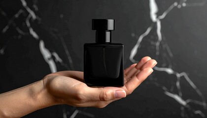 Elegant Black Perfume Bottle Held in Open Palm Against a Dark Marble Background with Subtle Lighting