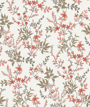 seamless floral pattern with small red or rust-colored flowers, muted green leaves, and delicate branches set against an off-white or cream background.