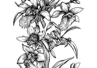 Vanilla orchid seamless coloring page. Botanical outline with hand drawn vanilla flowers branches leaves and pods. Vintage decorative motif for printable kitchen dessert sweet food textile projects.