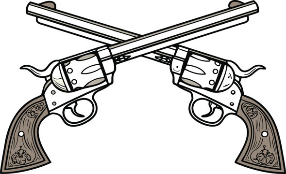 Vector illustration of a vintage western revolver handgun isolated on a white background representing a classic military weapon and firearm object used by a cowboy