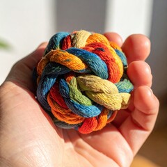 Close Up Of A Hand Holding A Colorful Woven Knot Ball With Natural Sunlight Illuminating The Texture And Threads