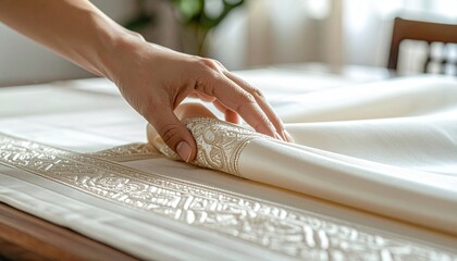 Close Up Of A Woman S Hand Gently Touching Delicate Beaded Fabric With Intricate Patterns In Soft Natural Light