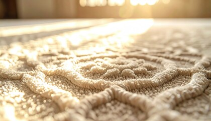 Close Up Macro View of Intricate Beige Textile Pattern with Warm Sunlight Glare and Soft Focus Background
