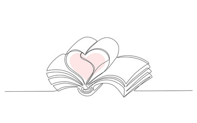 Minimal continuous one line illustration of an open book with pages forming a heart shape, symbolizing love for reading, education, knowledge, and romantic imagination. Editable stroke