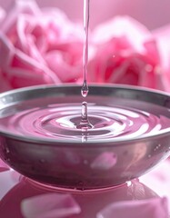 Clear Liquid Dripping Into A Shallow Silver Bowl Creating Ripples With Soft Pink Rose Petals Scattered Around On A Blurred Pink Background