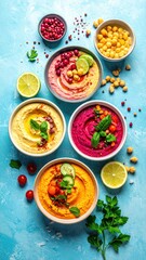 Assortment Of Vibrant Hummus Bowls In Various Colors Including Pink Orange And Yellow Garnished With Fresh Herbs And Vegetables On A Bright Blue Textured Surface