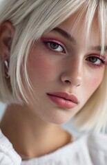a beautiful young woman with platinum blonde hair, wearing a white top and pink eyeshadow and lipstick, looking down to the side