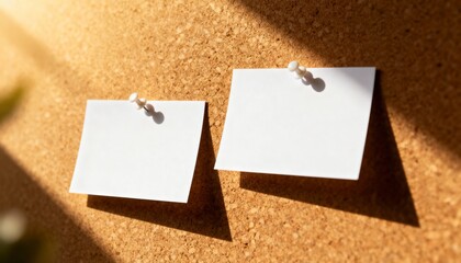 Two blank white paper notes pinned on a cork bulletin board. Empty memo with copy space for text in warm sunlight with strong shadows