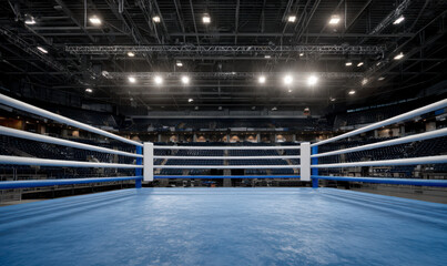 A boxing ring ready for action with bright lights over the stadium seats.