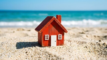 A miniature red house stands on a sandy beach with a blurred ocean backdrop under a clear blue sky evoking tranquility