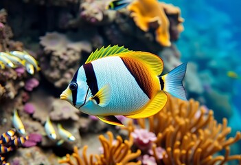 Obraz premium Butterflyfish, pinzettfisch, marine life, ocean, coral reef, underwater photography, colorful fish, exotic aquatic animal, tropical fish, saltwater aquarium, underwater, marine