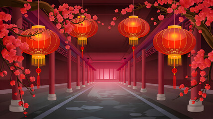 Traditional Chinese corridor with glowing red lanterns and vibrant cherry blosso