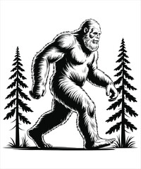Fototapeta premium Classic Bigfoot Walking Forest Monochrome Art T-shirt Design Illustration