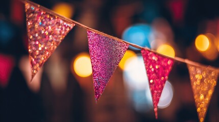 Pink Glitter Decorative Party Flags with Soft Bokeh Lighting