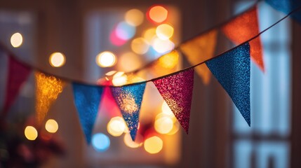 Colorful Decorative Bunting with Warm Indoor Lights and Bokeh Effect