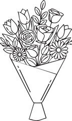 White Line Art Bouquet of Flowers on White Background