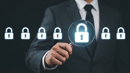 A businessman examines a row of illuminated padlock icons with a magnifying glass emphasizing security and digital protection concepts high quality