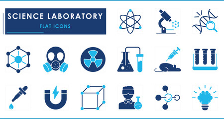 A set of flat icons related to Science Laboratory. Science, chemistry, test tube, physics, biology, microscope, and so on.