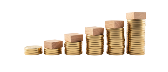 Growing stacks of coins and wooden blocks symbolize financial growth and investment success