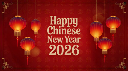 Happy Chinese New Year 2026 card with glowing lanterns and ornate background