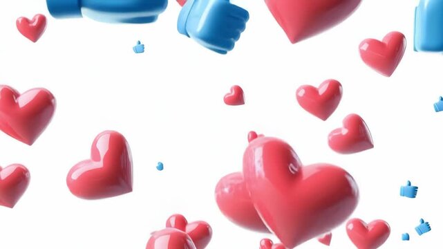 Animated interplay of floating hearts and thumbsup icons on white background