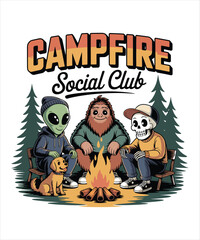 Fototapeta premium Alien Bigfoot Skeleton Dog Campfire Friends Forest Funny T-shirt Design Illustration