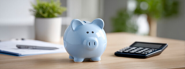 A blue piggy bank sits on a desk with a calculator and paperwork nearby.
