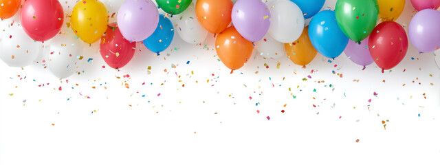 Celebration with colorful balloons and confetti against a white background.